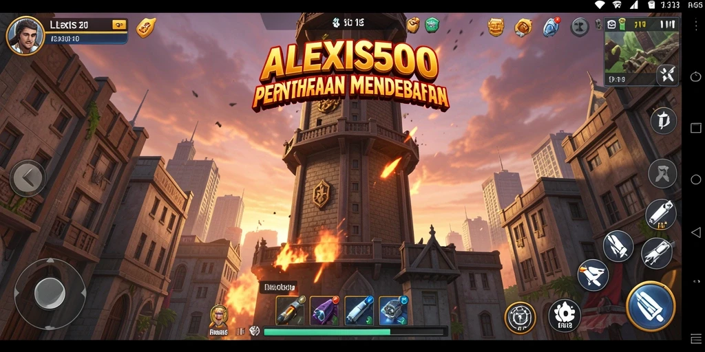 Screenshot gameplay ALEXIS500 menampilkan aksi menara pertahanan yang epik.