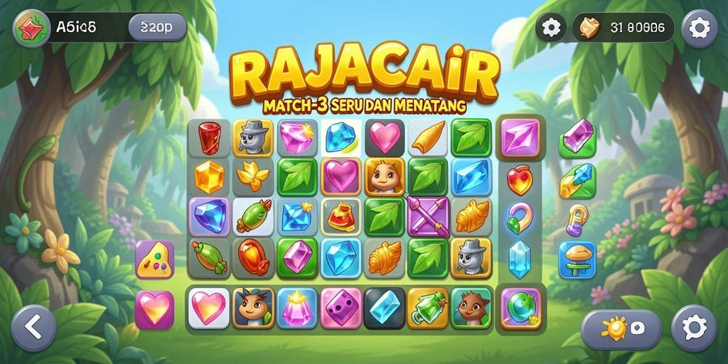 Tangkapan layar gameplay RAJACAIR menampilkan aksi mencocokkan batu permata.