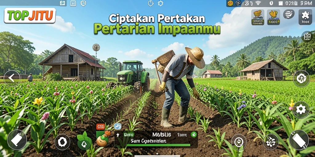Screenshot gameplay menunjukkan ladang hijau dan berbagai tanaman yang tumbuh.
